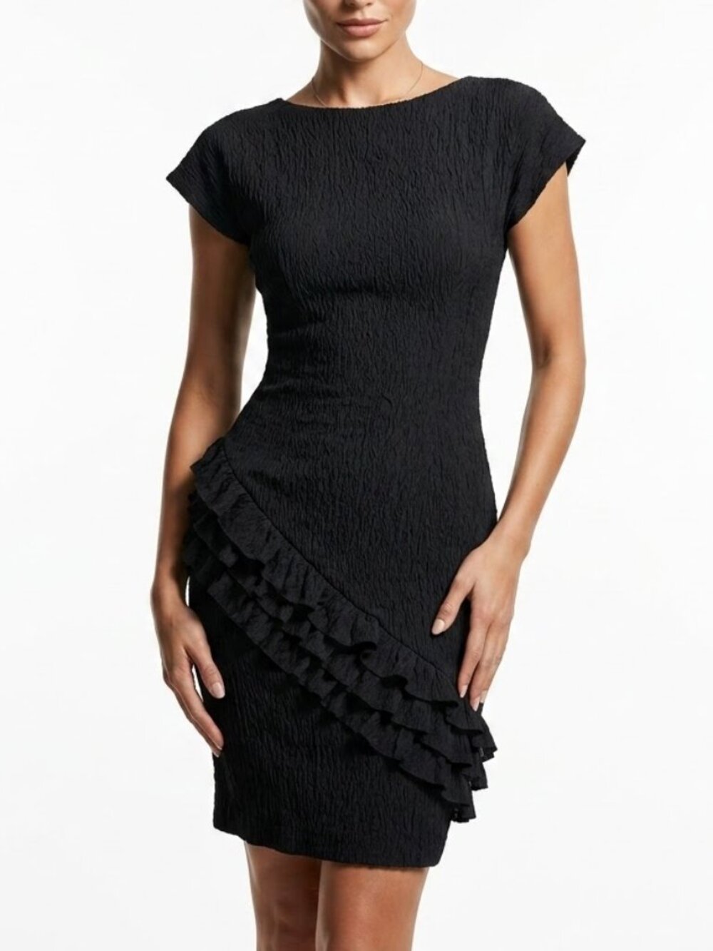 Glenrob Vintage Goth Crinkle Bodycon Dress Scoop Back Ruffle Asymmetric S/M